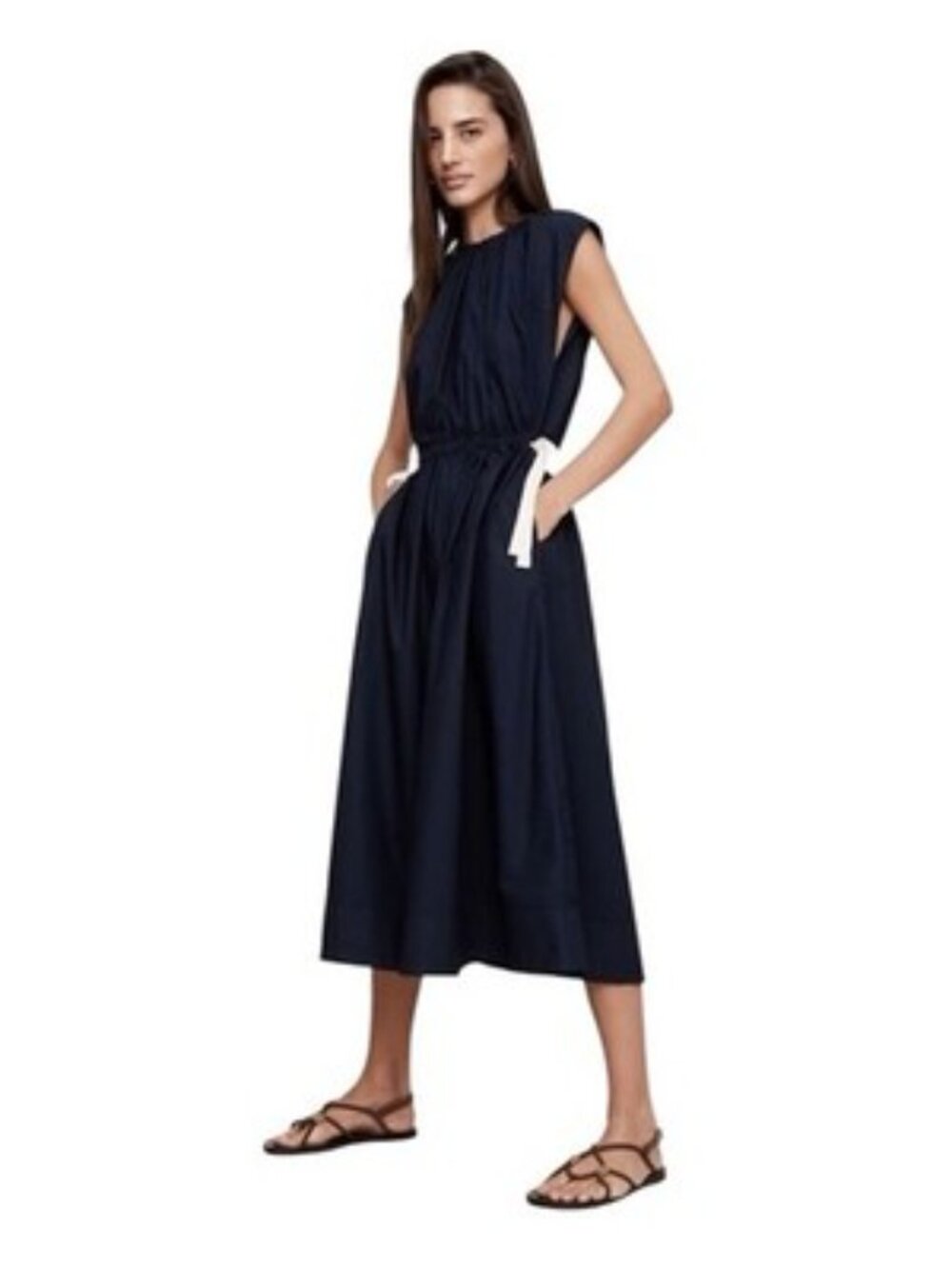 Banana Republic Navy Sleeveless Midi Dress with White Ties